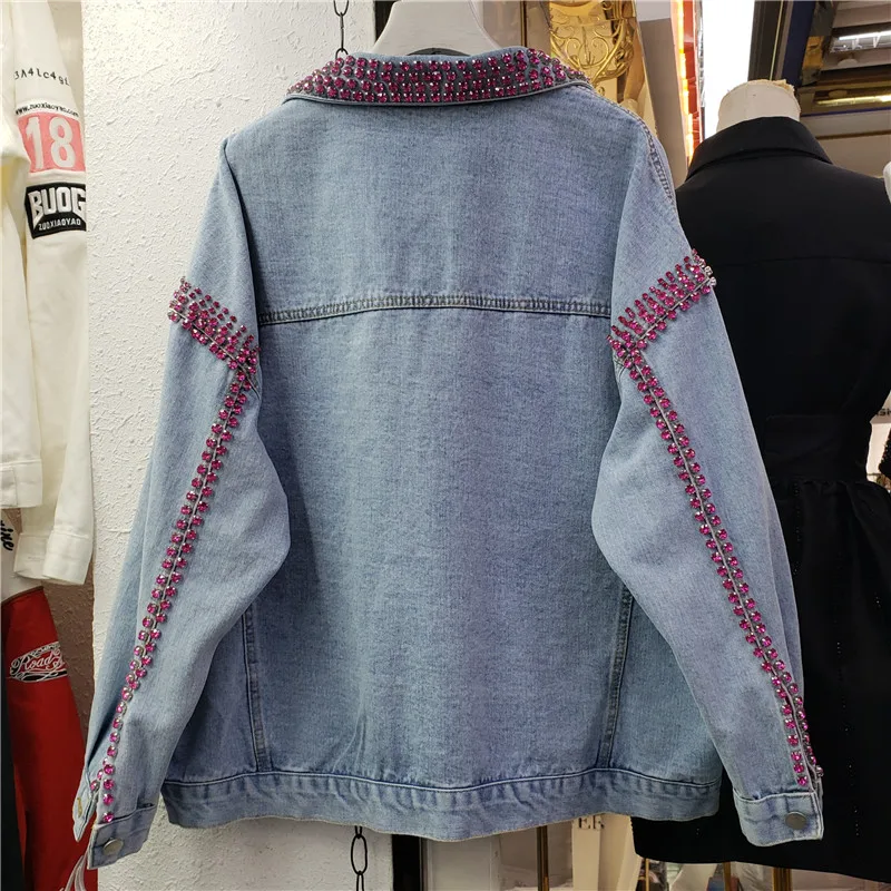 

2022 Spring Autumn Heavy Industry Nail Color Diamond Drop Shoulder Loose Denim Jacket Women Blue Jeans Coat Woman Jean Overcoat