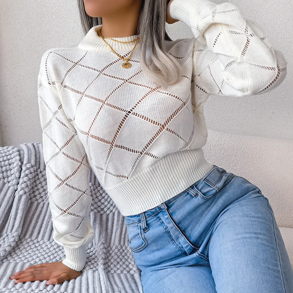 

Casual sweater,INS Wind Autumn/Winter Hollow Plaid Long Sleeve Open Umbilical Knitted Sweater for Women2023