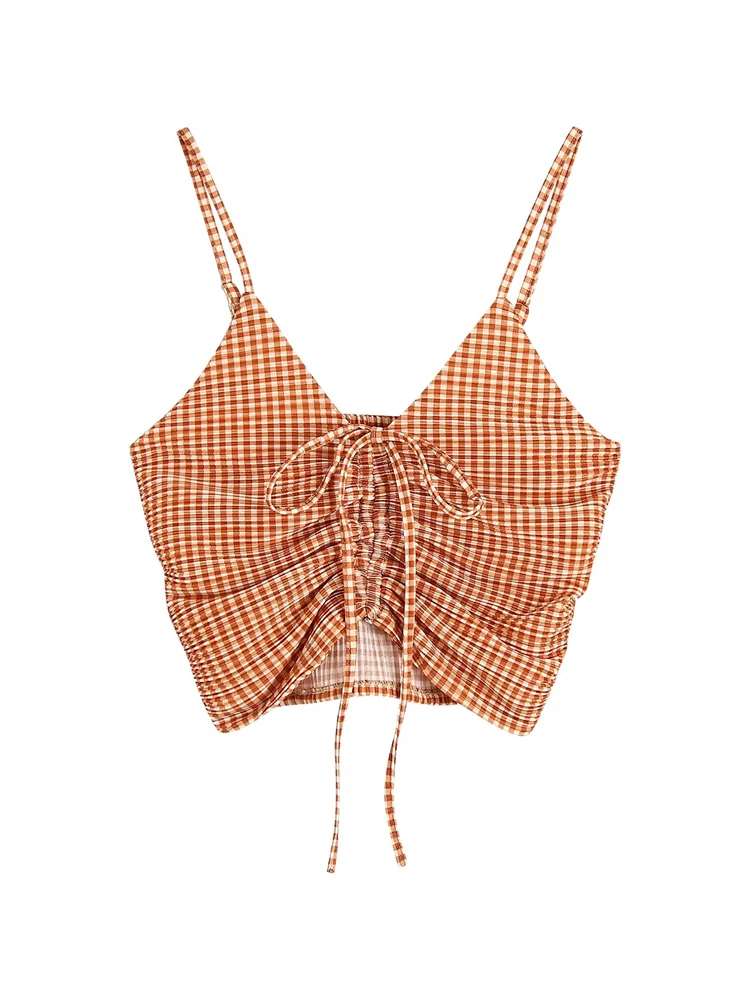 

BBWM Vintage Plaid Women Short Sexy Shirring Cami 2022 New Summer Fashion Sweet Female High Street Tank Crop Tops Slim Chic