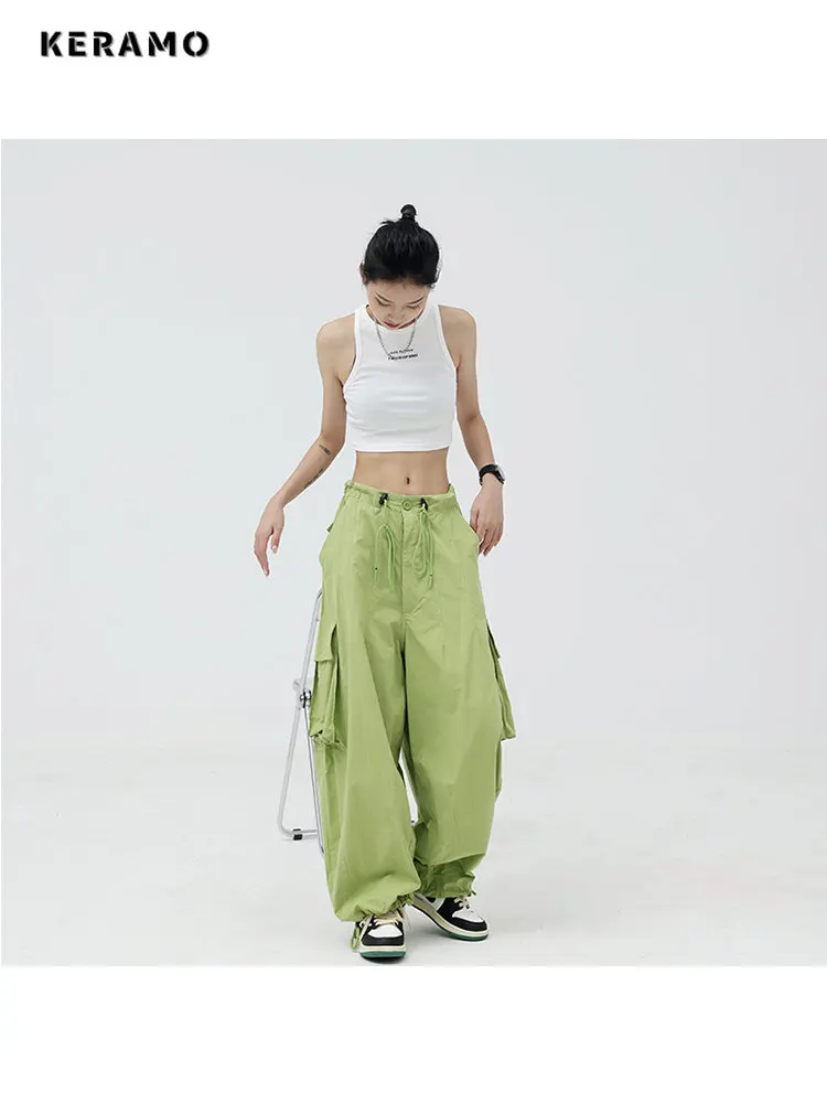 

Женские широкие брюки с эластичным поясом, однотонные свободные брюки с высокой талией, Повседневная Уличная одежда в Корейском стиле, мешковатые брюки на шнуровке, весна 2023