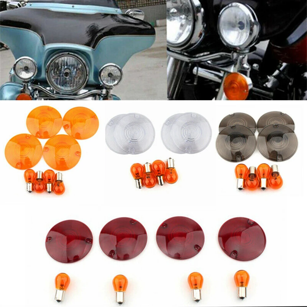 

4 Lenses+4 BulbsItem Turn Signal Light Cover Lens Bulb For Harley Flat Style Turn Signals 1986-2012 Amber Dual Contact 1157