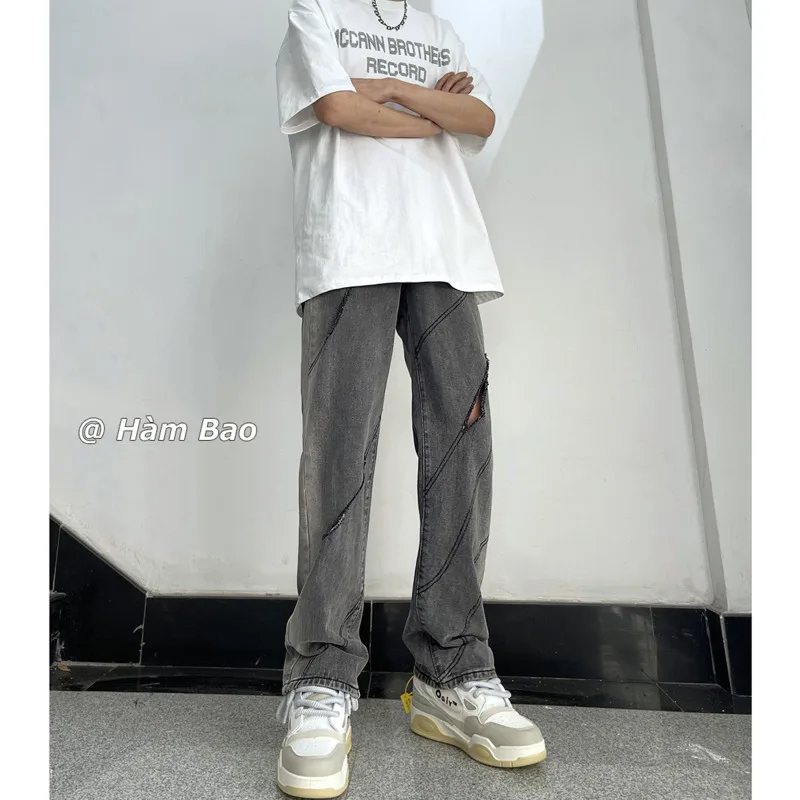 Summer Black Baggy Jeans Men Fashion Retro Ripped Straight Jeans Men Streetwear Hip-hop Loose Hole Denim Pants Mens Trousers