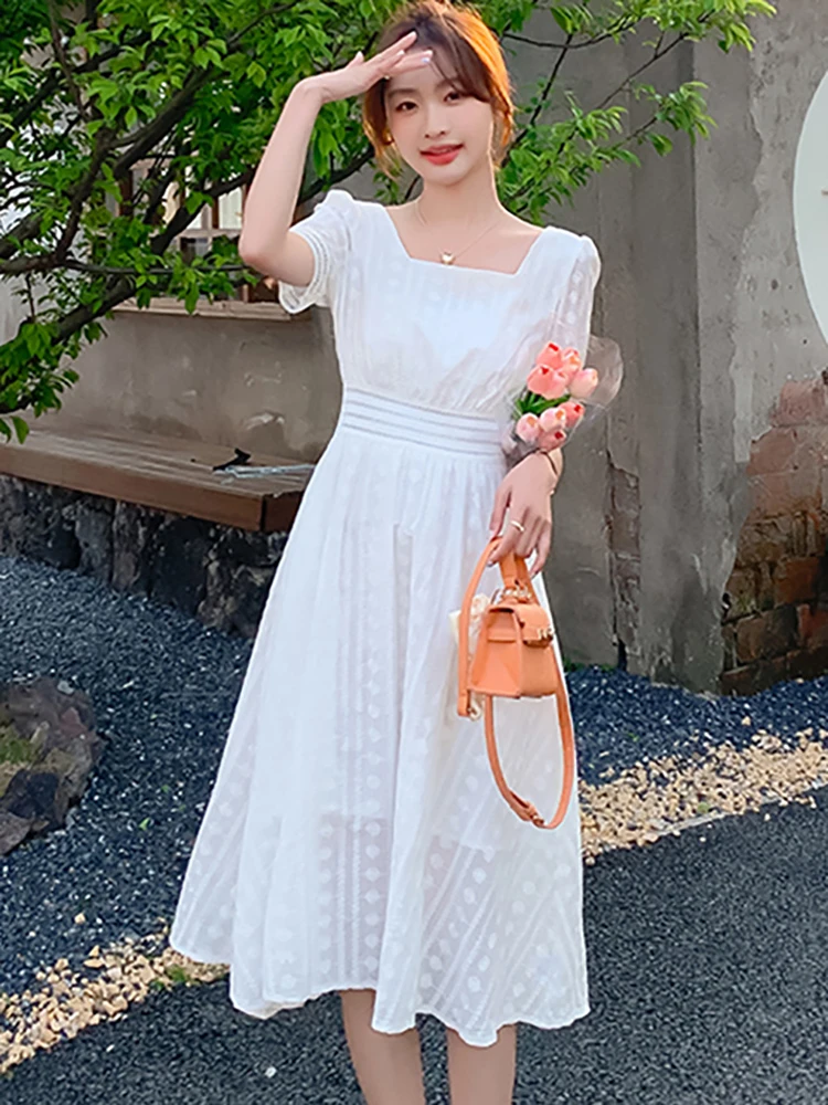 

Женское белое жаккардовое шифоновое платье миди с квадратным вырезом, летнее платье-трапеция с высокой талией, элегантное облегающее платье в Корейском стиле, модель 2023 года