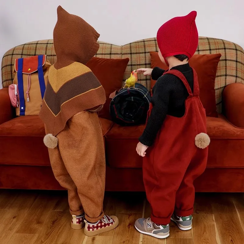 Брюки на подтяжках с кроличьим хвостом для малышей и красные детские комбинезоны