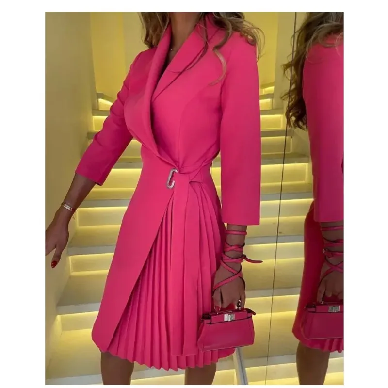 

2023 Autumn Women Dress Suit Collar Tie Waist Middle Sleeve Pleated Frock Fashionable Style Formal Mid Length Vestido Para Mujer