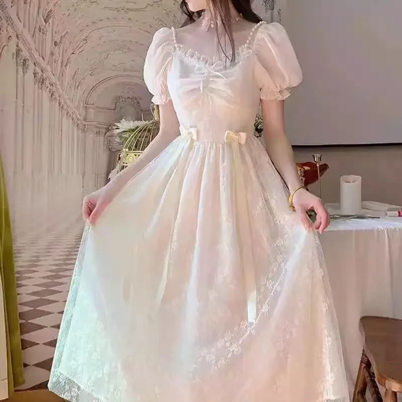 

2022 Summer Victorian Wedding Midi Dress Korean Elegant Princess Women Vintage Lace-up Party Long Fairy Dress for Women Vestido