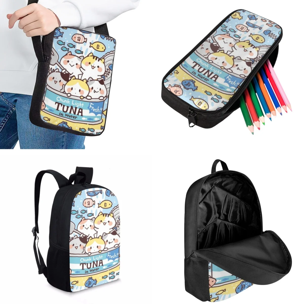 Jackherelook Kawaii Canned Kitten Cartoon Pattern Girls School Bags 3pcs/set Fashion Travel Backpack Children's Book Bags Gift