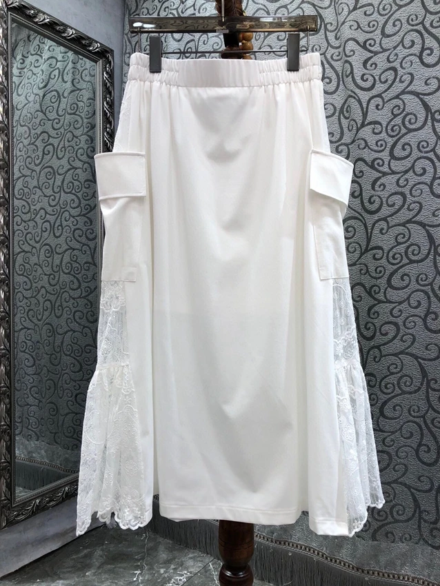 

2023 new women fashion sexy casual elastic waist big pocket stitching lace casual dress skirt 0702
