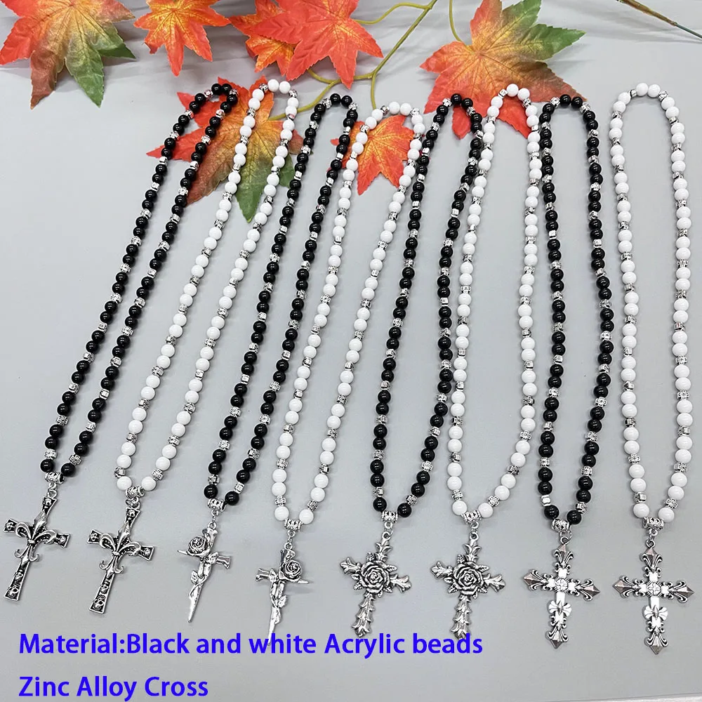 

GS103 Rosary Christian Black White Beads Short Pendant Alloy Cross Inlaid Diamond Prayer Necklace Catholic Souvenirs Religious