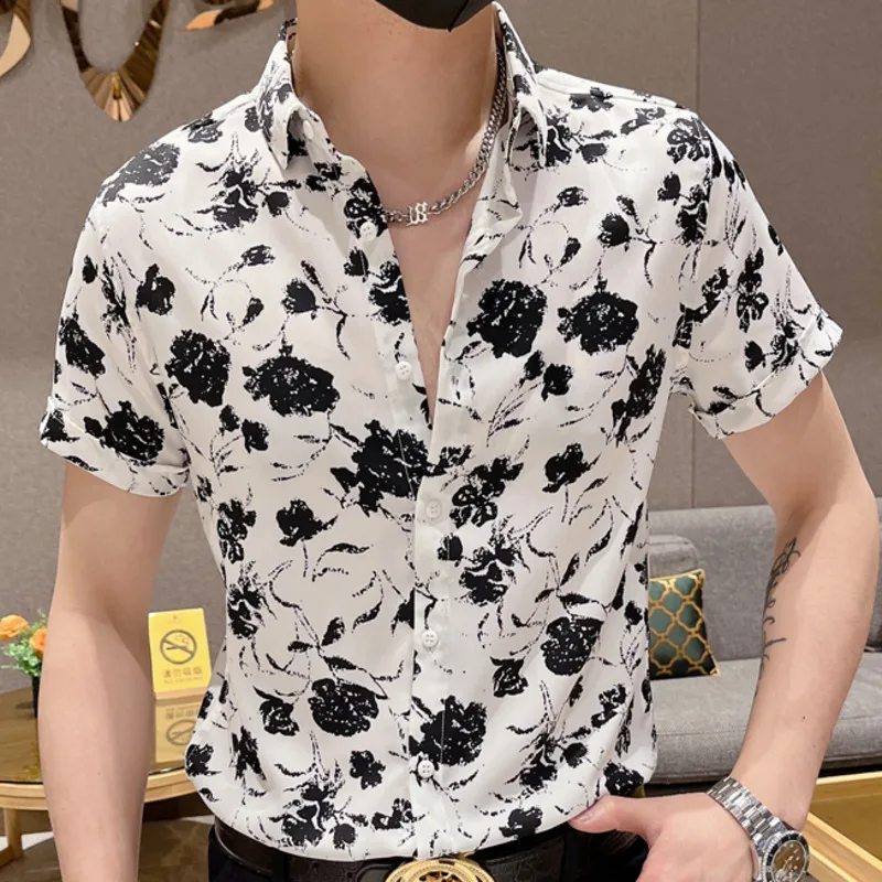 

Summer Vintage Flower Shirts For Men High Quality Short Sleeve Slim Casual Shirt Social Streetwear Business Formal Dress Shirt