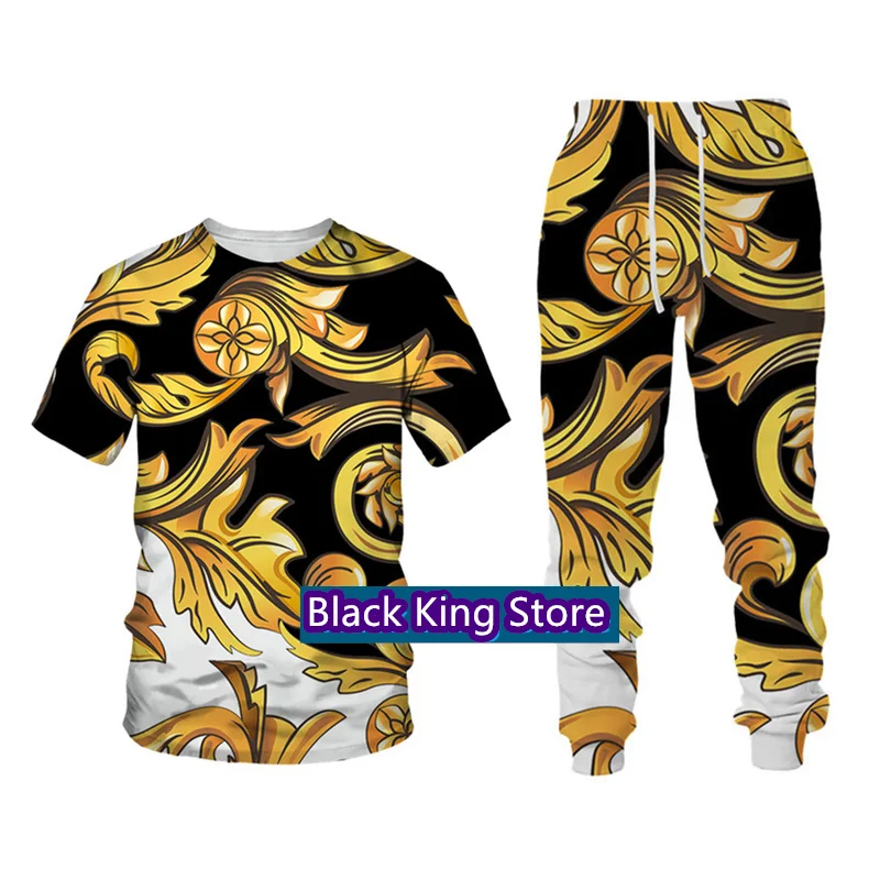 Summer Clothes for Men Set Casual Fashion Luxury Chain Series Printed Tracksuit T-Shirt Pants Set Streetwear Men's Clothing Suit