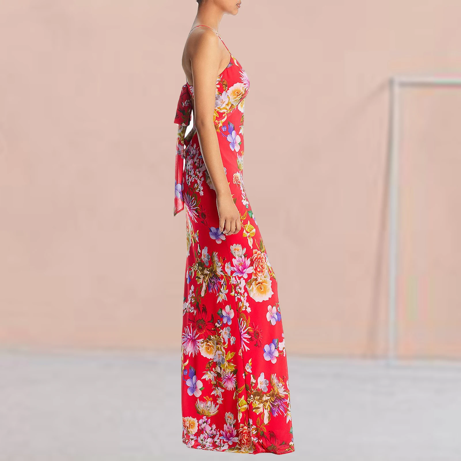 

Women Sexy Slim Long Dress Elegant Summer Sleeveless Sling Dress Backless Lace Up V-Neck Fashion Flower Print Beach Nightclub