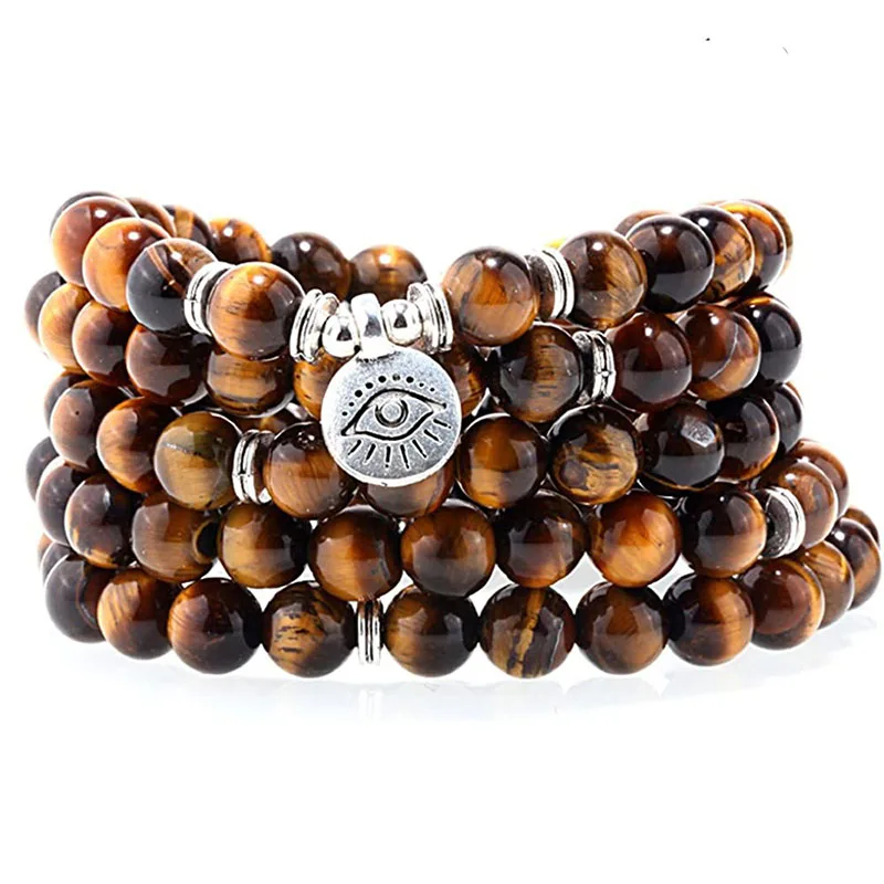 

108 Prayer beads Natural Tiger's Eye Stone Bracelet Multi-wrap Beaded Healing Bracelets For Men Women