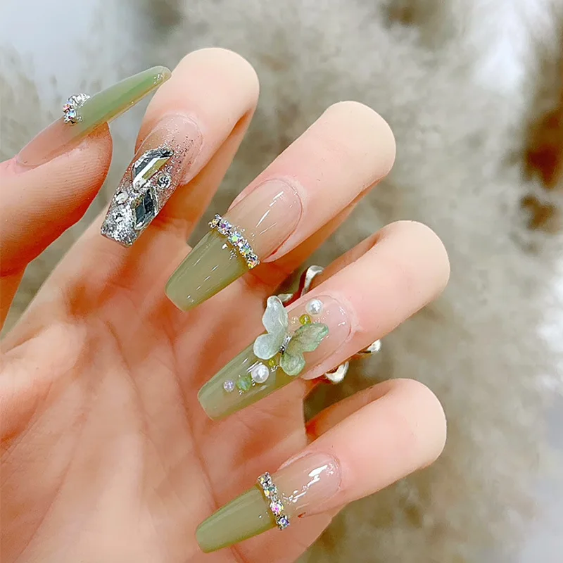 

24Pcs Green Long Ballerina False Nails Butterfly with Glue Wearable Fake Nails Spring Rhinestones Full Cover Press on Nail Tips