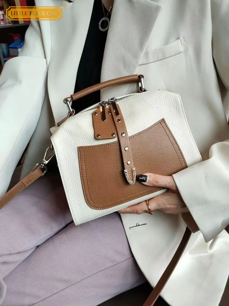 

Cowhide Genuine Leather Boston Bag Women Colors Panelled Shoulder Bag Vintage Ladies Sling Crossbody Bags Casual Totes Handbag