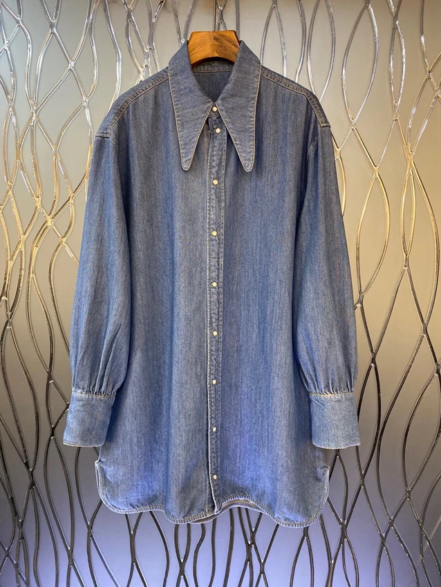 

2022 new women fashion long-sleeved sexy denim shirt mid-length loose-fitting simple fashion top shirt 814