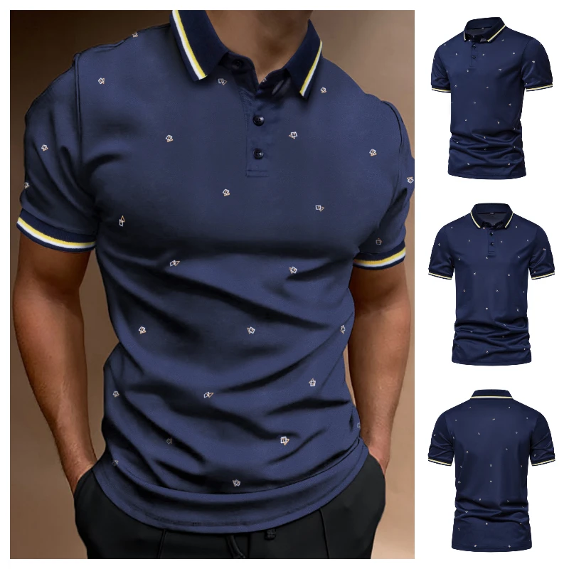 

2023 New Summer Men's Polo T-shirt Turn-down Collar Navy Blue Printed Fashion T-shirts Casual Tees Men graphic t shirts