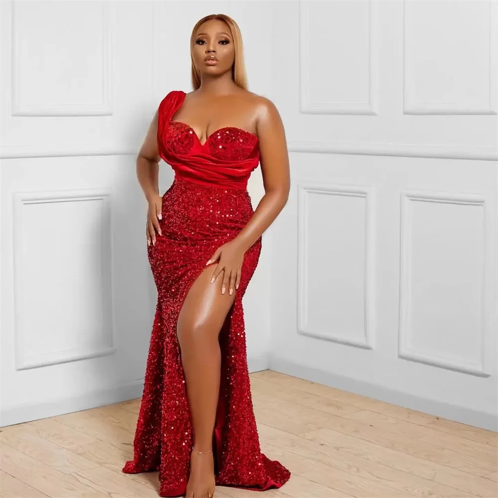 

Red Sequin Sexy Mermaid Prom Dress One Shoulder Pleat Velvet High Split Long Formal Party Evening Dresses Robe De Mariée