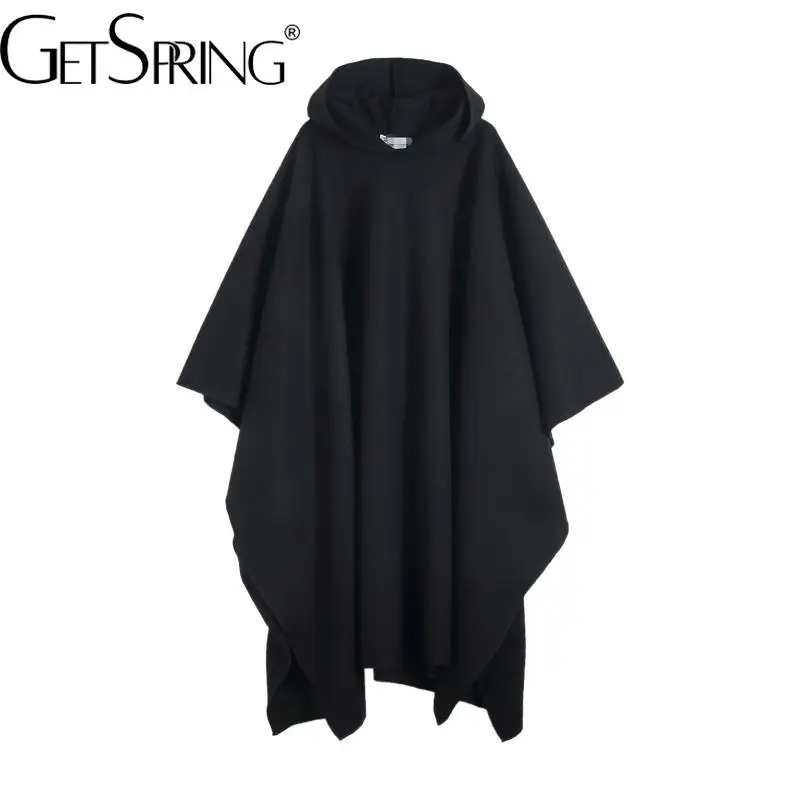 

GetSpring Women Trench Coat Full Sleeve Hooded Black Windbreaker Loose Leisure Long Oversized Cape Overcoat Autumn Winter 2022