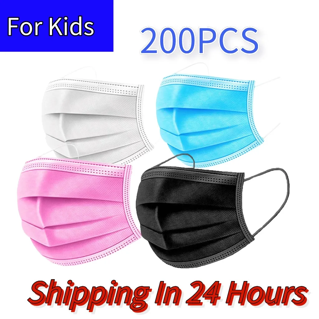 

200PCS Child Kids Disposable Masks 3 -layer Masque Enfant Jetable Black/Blue/Pink/White Mouth Mask Kids Girl Halloween Cosplay