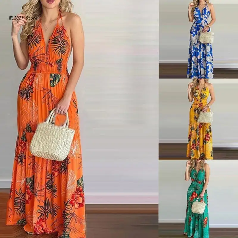 

Женское длинное платье с V-образным вырезом, открытой спиной и завышенной талией