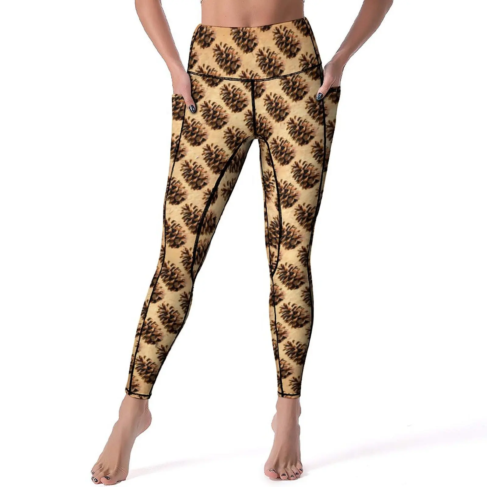 

Pine Cones Leggings Vintage Print Running Yoga Pants High Waist Retro Sports Tights Pockets Stretchy Graphic Yoga Legging