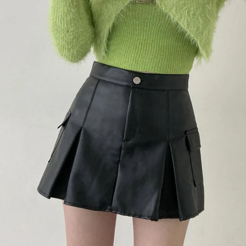 

High Waist Pu Leather Women Skirt Vintage Pocket Pleated Gothic Skirts Grunge Fairycore Aesthetic Y2K Women Clothes