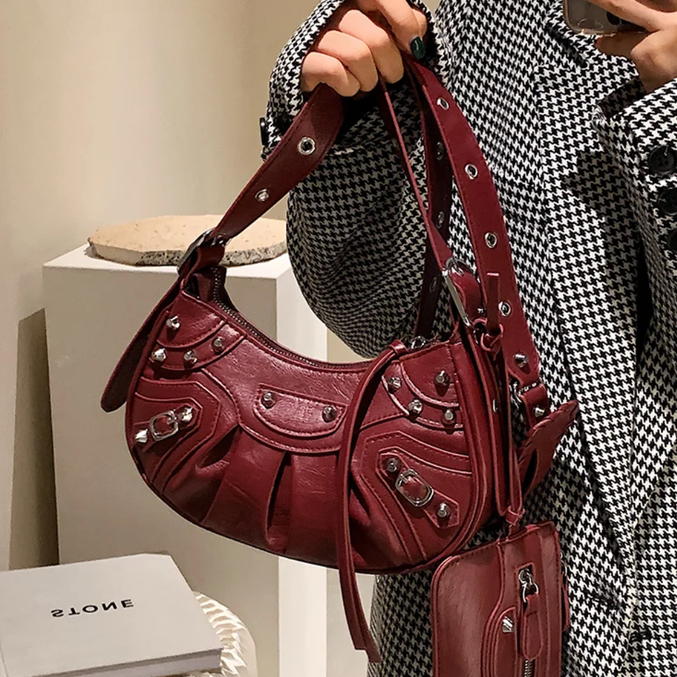 

Rivets Design Half Moon PU Leather Armpit Crossbody Bag 202 Punk Style Vintage Shoulder Purses and Handbags 2 Pcs/set