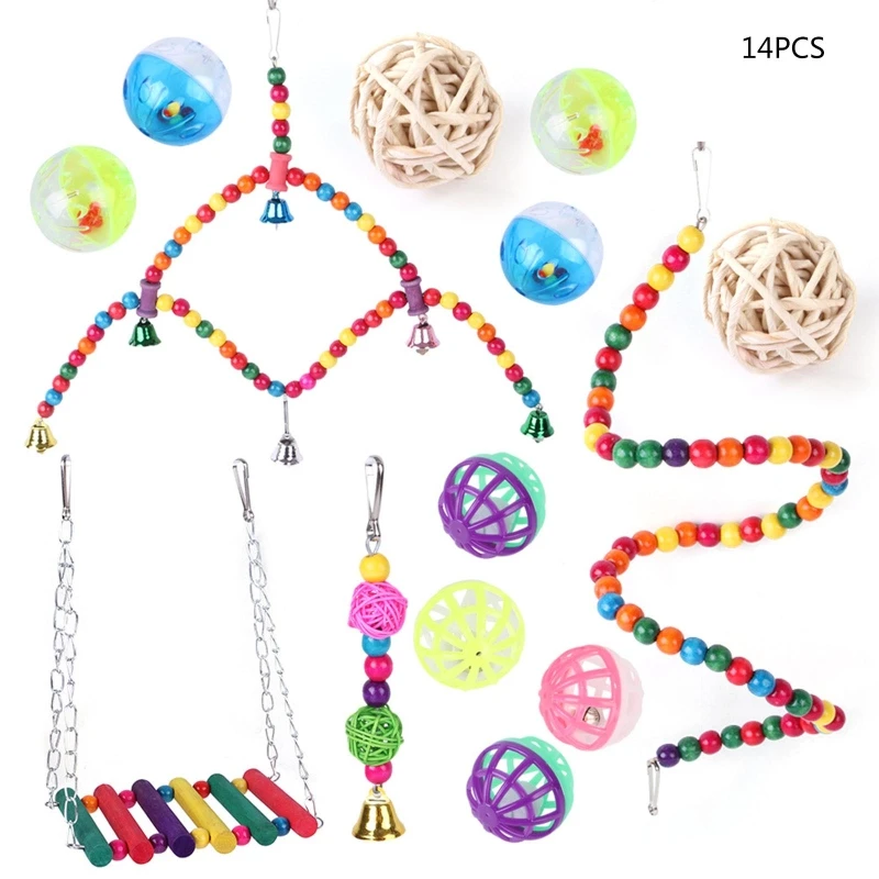 

K5DC Bird Toys 14 Pieces Set Including Swing Ladder Stand Perch Bell Ball Chew Toys for Cage Colorful Decor Easy to Install