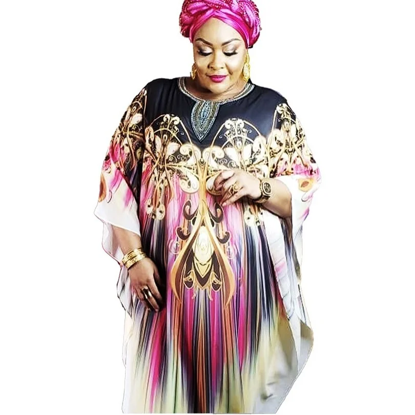 

New African Dashiki Women's Fashion Abaya Stylish Chiffon Fabrics Hot Drilling Loose Long Dress Free Size + Inside