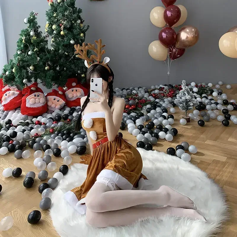 Рождественский карнавальный костюм для женщин коричневое платье с оленями и