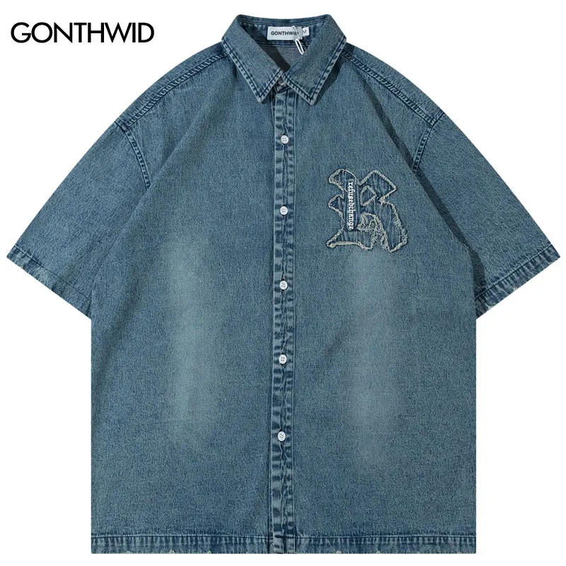

Hip Hop Oversized Denim Shirts Y2K Harajuku Retro Embroidery Patch Short Sleeve Button Up Jeans Shirt Fashion Coats Blue Black