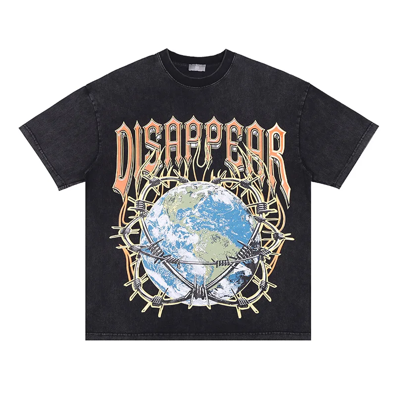 

YIHANKE Spring and Summer New Tide Brand Earth Cage Letter Printing Retro Old Washed Short-sleeved T-shirt Men Graphic T Shirts