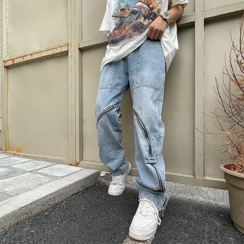 2022 Vibe Style Ankle Zipper Hip Hop Men Baggy Jeans Trousers Retro Washed Straight Denim Pants Elegant New Fashion Ropa Hombre