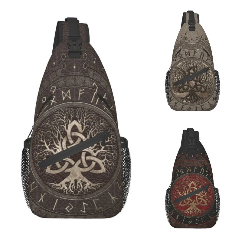 

Tree Of Life With Triquetra Brown Leather Crossbody Sling Backpack Men Viking Norse Yggdrasil Shoulder Chest Bags for Hiking