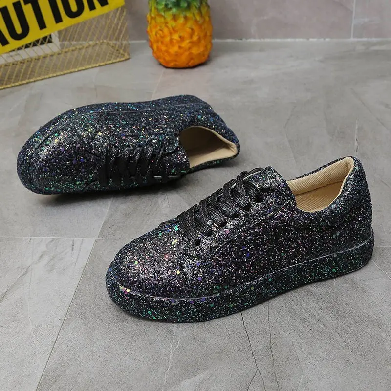 2022 New Solid Color Sequins Flat Bottom Thick Bottom Low Top Wear-resistant Breathable Round Toe Women's Shoes Vulcanized Shoes