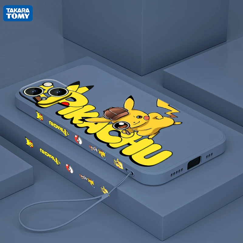 

Cute Cartoon Pikachu Love For Apple iPhone 13 12 Mini 11 Pro XS MAX XR X 8 7 6S SE Plus Liquid Left Rope Silicone Phone Case