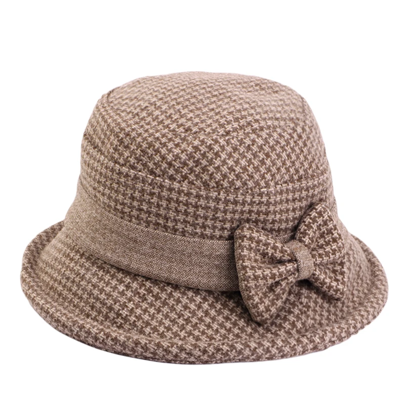 Новая женская осенне-зимняя панама с бантом утолщенная шерстяная клетчатая