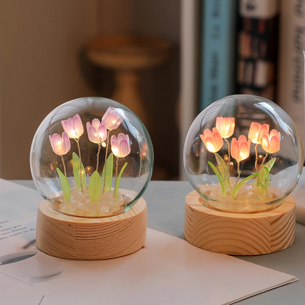 Tulip Night Light Cute Bedroom Room Decor Floral Lamp Valentines Day Gift Lampara Tulipanes Girlfriend DIY Material Handmade