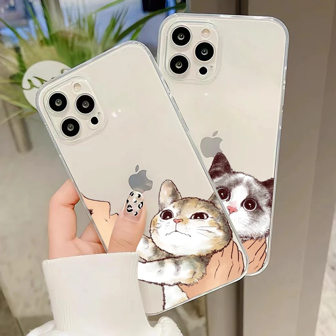 

Animal Catoon Cat For iPhone 13 12 11 Pro Max 12 13 Mini X XR XS Max SE 6 6S 7 8 Plus Clear Phone Case Back TPU Silicone Cover