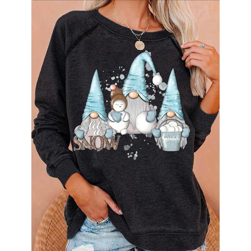 

Rheaclot Let It Snow Winter Christmas Gnome Printing Женская Повседневная Толстовка с круглым вырезом и надписью