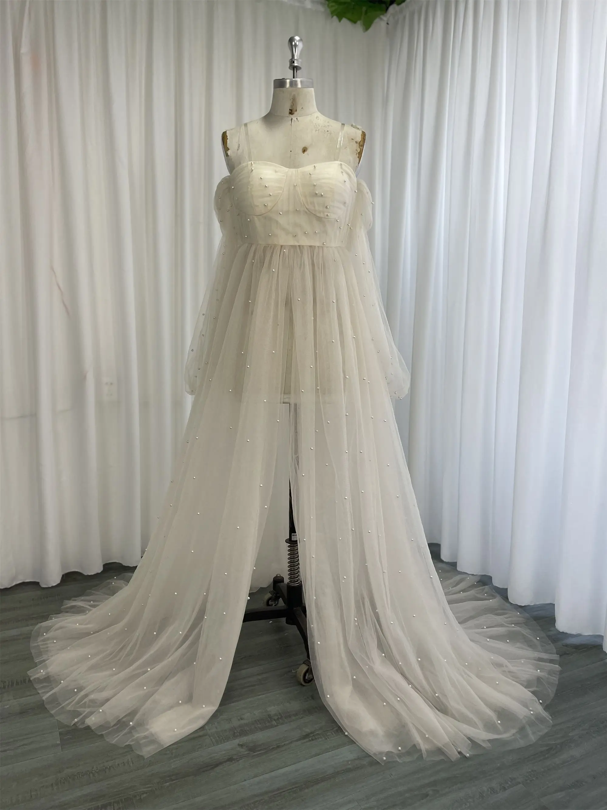 

Женское платье для беременных с жемчужинами цвета слоновой кости, халаты для фотосессии, фатиновое платье на молнии с длинным рукавом в сти...