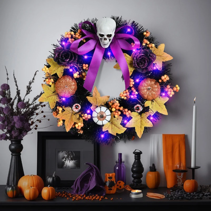 

Halloween Wreath Pumpkin Skull Skeleton Bow Door Wall Hanging Garland Scary Ghost Festival Atmosphere Decoration Pendant Props