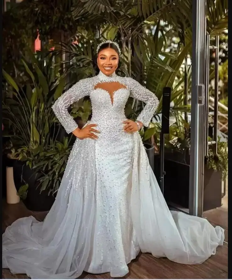 Новый стиль расшитый бисером свадебные платья русалки с высоким воротом и