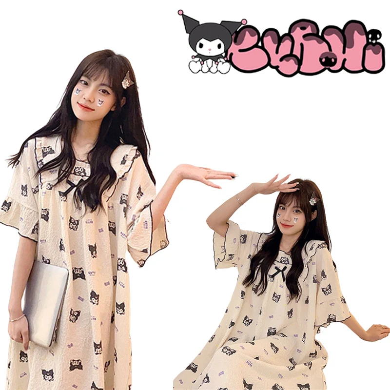 

Пижама Sanrios Kuromi, летняя Милая Ночная рубашка с короткими рукавами и героями мультфильмов, японская Домашняя одежда Kawaii, удобная и приятная на ощупь