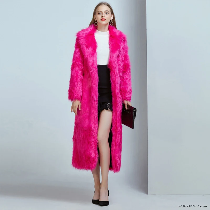 Winter Women High Street Luxury Long Faux Fur Coat Lady Vintage Slim Red Pink Faux Fur Coats Femal Blue Fake Fur Jacket images - 6
