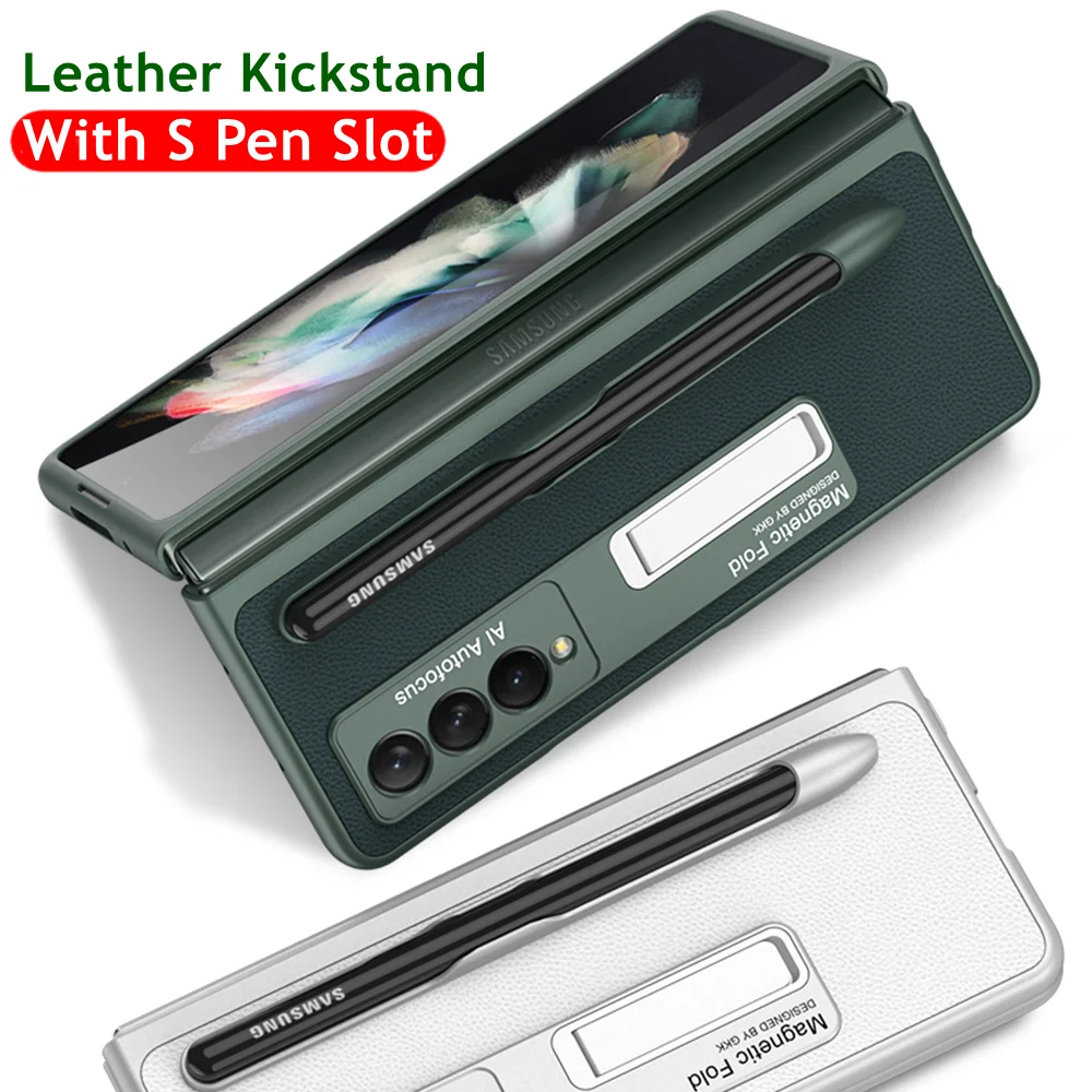 

Bracket Leather Pen Slot Case for Samsung Galaxy Z Fold 3 5G Phone Case With S Pen Slot Holder Hard Full Protection Phone Cover