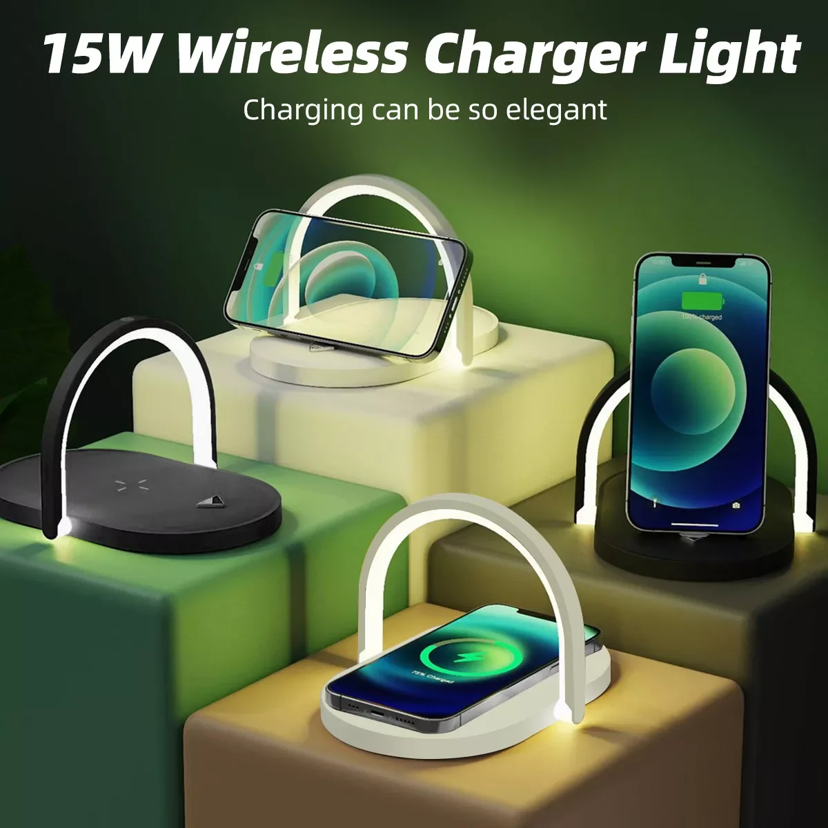 

NEW Qi Wireless Charger With LED Desk Lamp Fast Charging for iphone 13 12 11 Pro Desk Holder Bedside Night Light Phone Stand