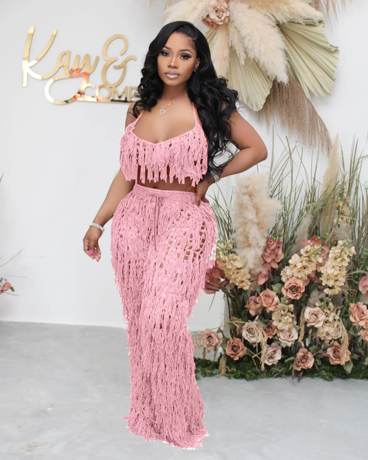 

Summer Two Piece Bikinis Sets Women Backless Hook Hollow Out Tassel Camisole Elastic Waist Long Pants Knit Beach Style Suits