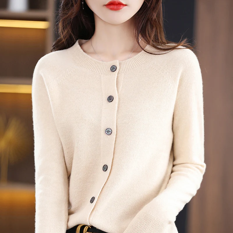 

Ladies O-neck cardigan long-sleeved sweater 2022 new autumn and winter series loose cashmere wool sweater solid color knitted bo